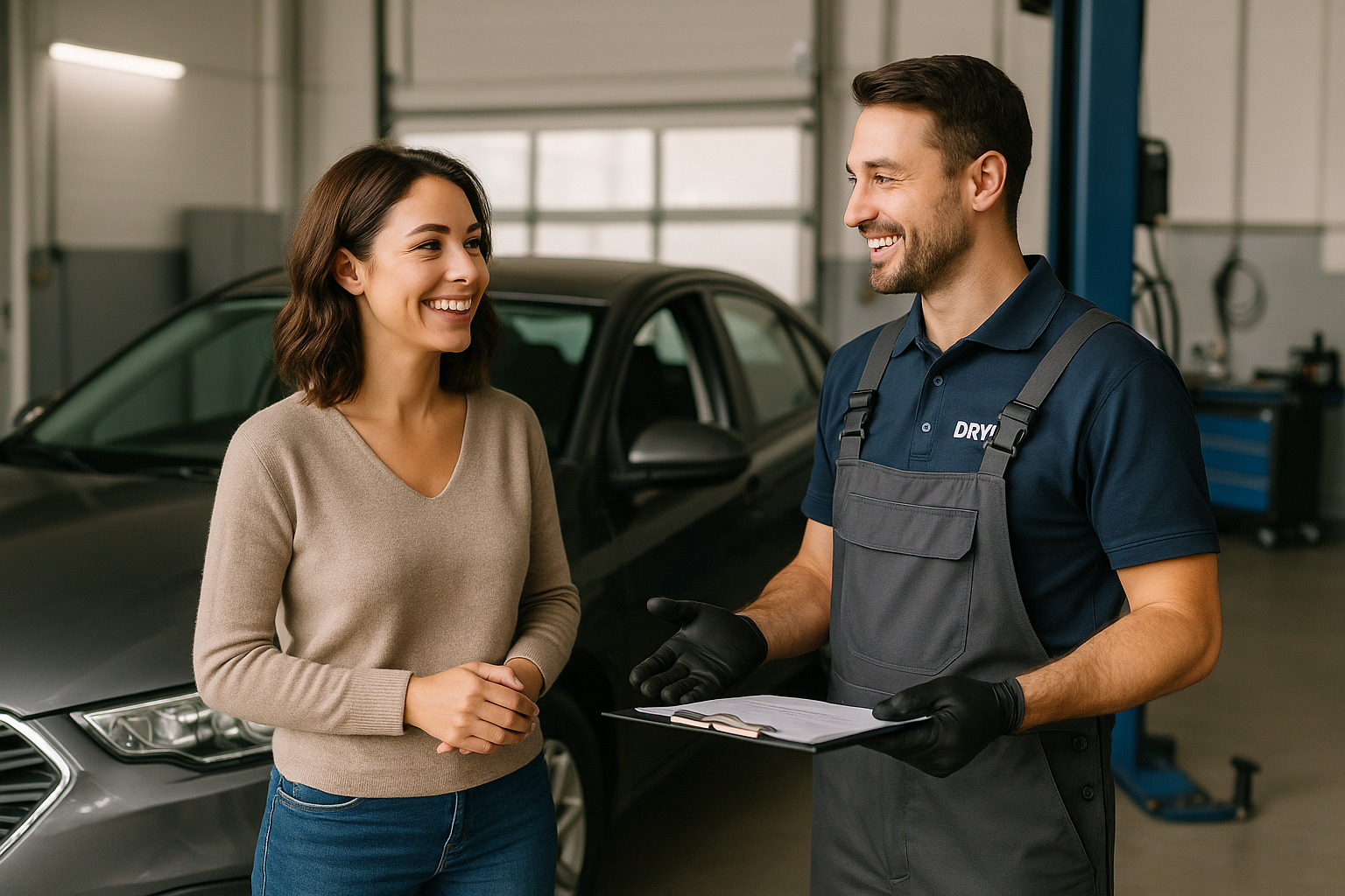 A happy customer discussing car repairs with a DRYVE mechanic beside their parked vehicle, showcasing a friendly atmosphere and equipment.