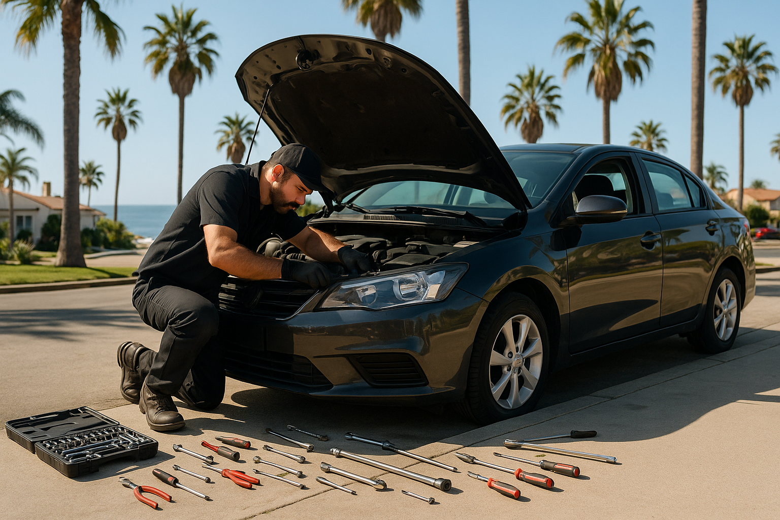 A mobile mechanic working on a car in a sunny San Diego neighborhood, surrounded by palm trees and the ocean in the background, with tools spread out on the ground.