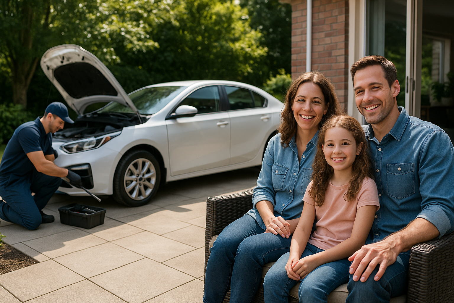 A smiling family relaxing on their patio while a mechanic services their car parked in the driveway, showcasing the convenience of mobile mechanic services.