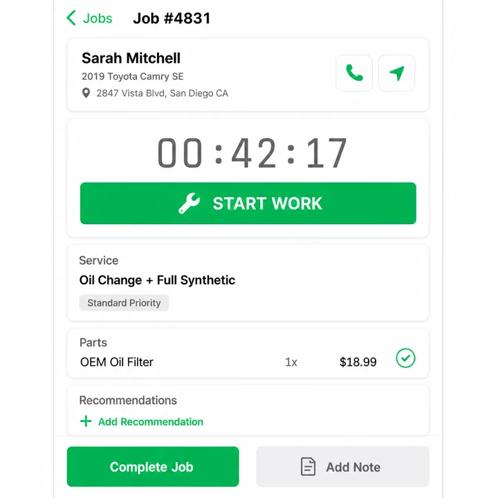 DRYVE Job Detail screen with customer, service, parts, and work controls