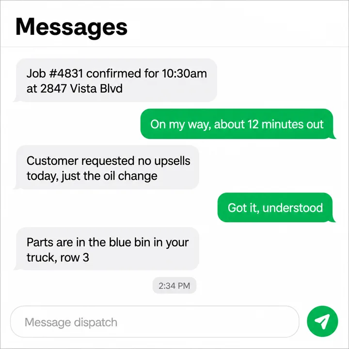 DRYVE Messages screen for communicating with dispatch