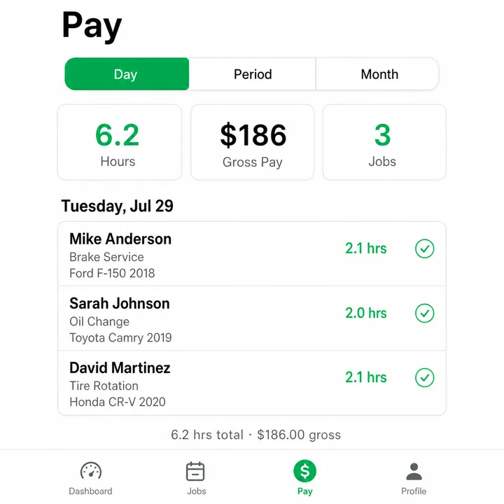 DRYVE Pay screen with hours, earnings, and completed jobs