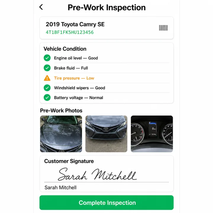 DRYVE Pre-Work Inspection screen with condition checks and photos