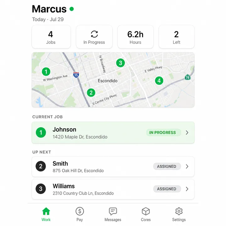 DRYVE Work dashboard with a route map and assigned jobs